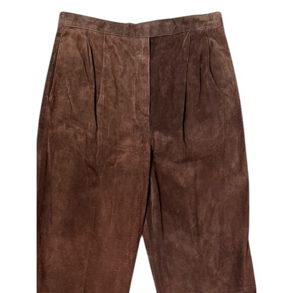 Vintage Pig Suede Leather Pants Chocolate Brown Pleated Straight Leg Size 6-8 - Picture 2 of 10